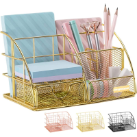 Gold Desk Organizer, AUPSEN Mesh Office Supplies Desk Accessories, Features 5 Compartments + 1 Mini Sliding Drawer
