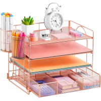 Lavatino Paper Letter Tray Organizer with File Holder, 4-Tier Desk Accessories & Workspace Desk Organizers with Drawer and 2 Pen Holder for Office Supplies (Rose Gold)
