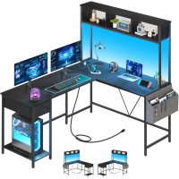 Yoobure L-Shaped Desk Gaming Desk with LED Strip & Power Outlet - Storage Shelf & Drawer w/ Storage Bag