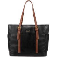 LOVEVOOK 15.6 Inch Vintage Waterproof Leather Laptop Tote Bag / Briefcase - Black w/ Brown Straps 