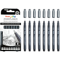 Pentel Pointliner Pigment Liner Technical Drawing Fineliner Pen S20P - 0.03mm, 0.05mm, 0.1mm, 0.2mm, 0.3mm, 0.4mm, 0.5mm, 0.8mm - Black Ink - Pack of 8