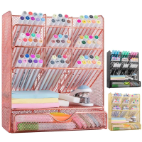 Spacrea Pen Holder Desk Organizer - Desk Organizers and Accessories, Pencil Holder with 10 Compartments and 1 Drawer（Rose Gold)