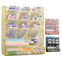 Spacrea Mesh Pen Organizer - Pencil Holder for Desk, Desk Organizer with Drawer for School, Home, Art Supplies (Gold)