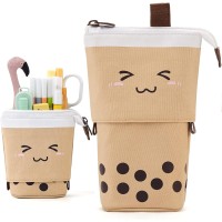 ANGOOBABY Pencil Case Standing Pen Holder & Cosmetics Bag & Organizer - Brown