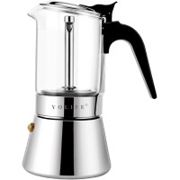Premium Crystal Glass Top Stovetop Espresso Moka Pot - 6 Cups Stainless Steel Coffee Maker (240ml/8.1oz) 