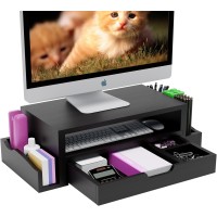 Sleek Wood Monitor Stand & Riser / Desk Organizer with Drawer and Pen Holder - Black