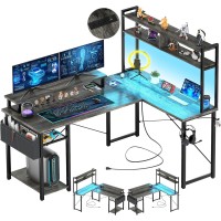 AHEAPLUS Compact L-Shaped Gaming Desk with LED Lights & Power Outlets - Monitor Stand & Storage Shelf - Grey Oak