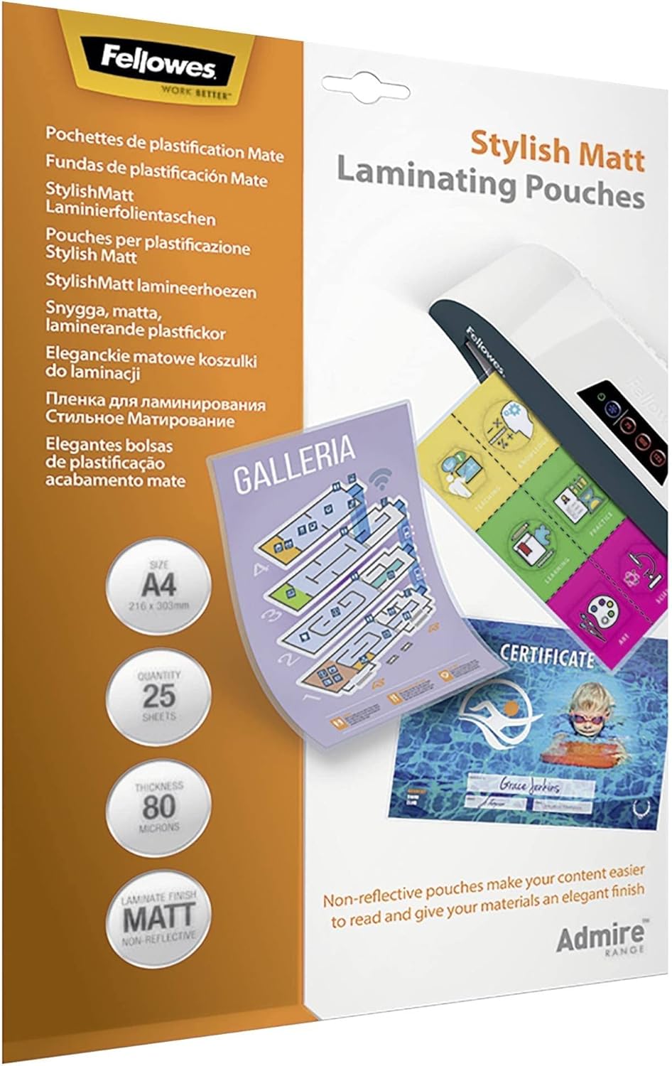 Fellowes A4 Laminating Pouches Matt Finish 25 Sheets 80 Micron High Quality Finish Makes Content Easier to Read
