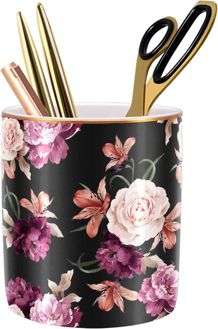 WAVEYU Pen Holder for Desk, Pencil Cup Holder for Desk, Cute Floral Makeup Brush Holder Durable Ceramic Flower Design Desk Pencil Organizer for Office, Classroom, Black