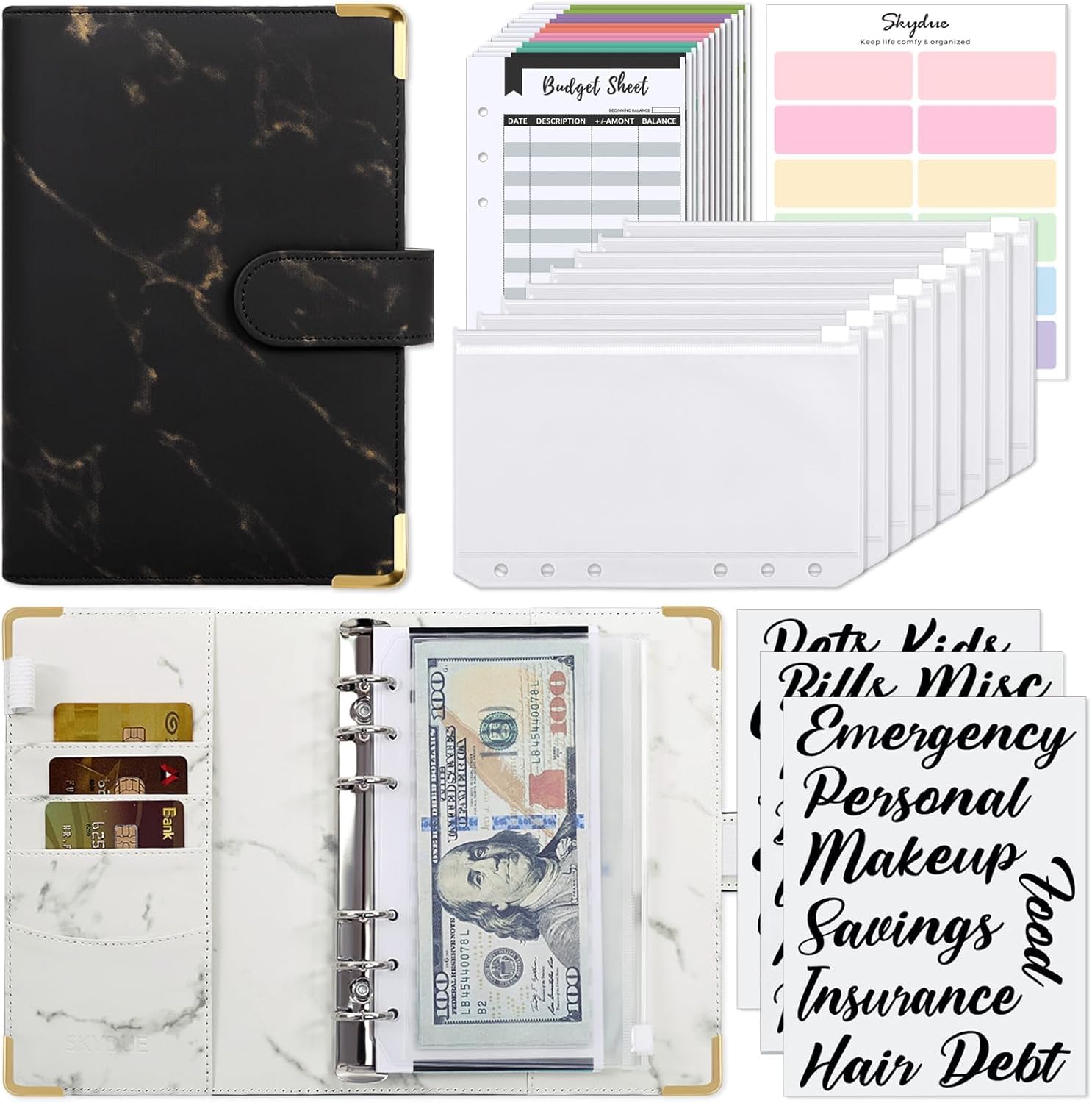 SKYDUE Budget Binder With Cash Envelopes and amp, Expense Budget Sheets – White Marble